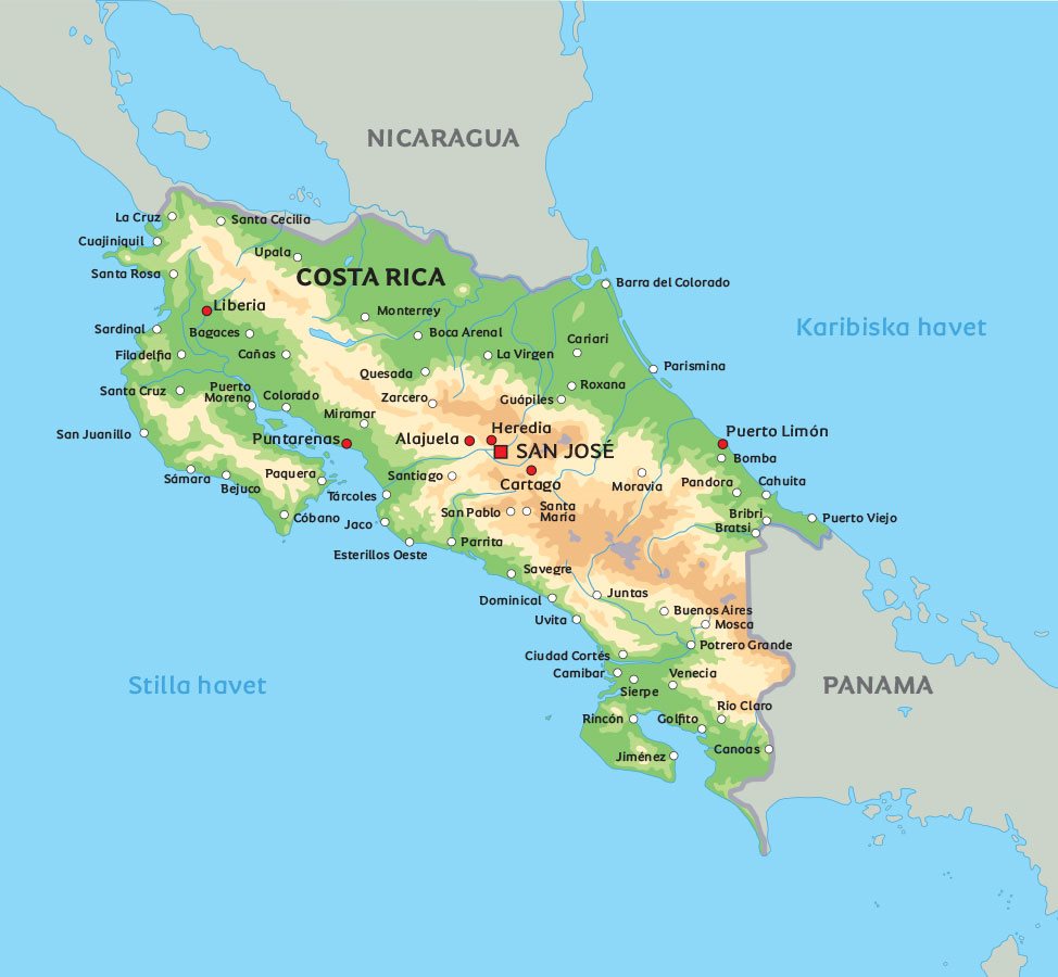 Karta Costa Rica: Se bl.a. var huvudstaden San José ligger