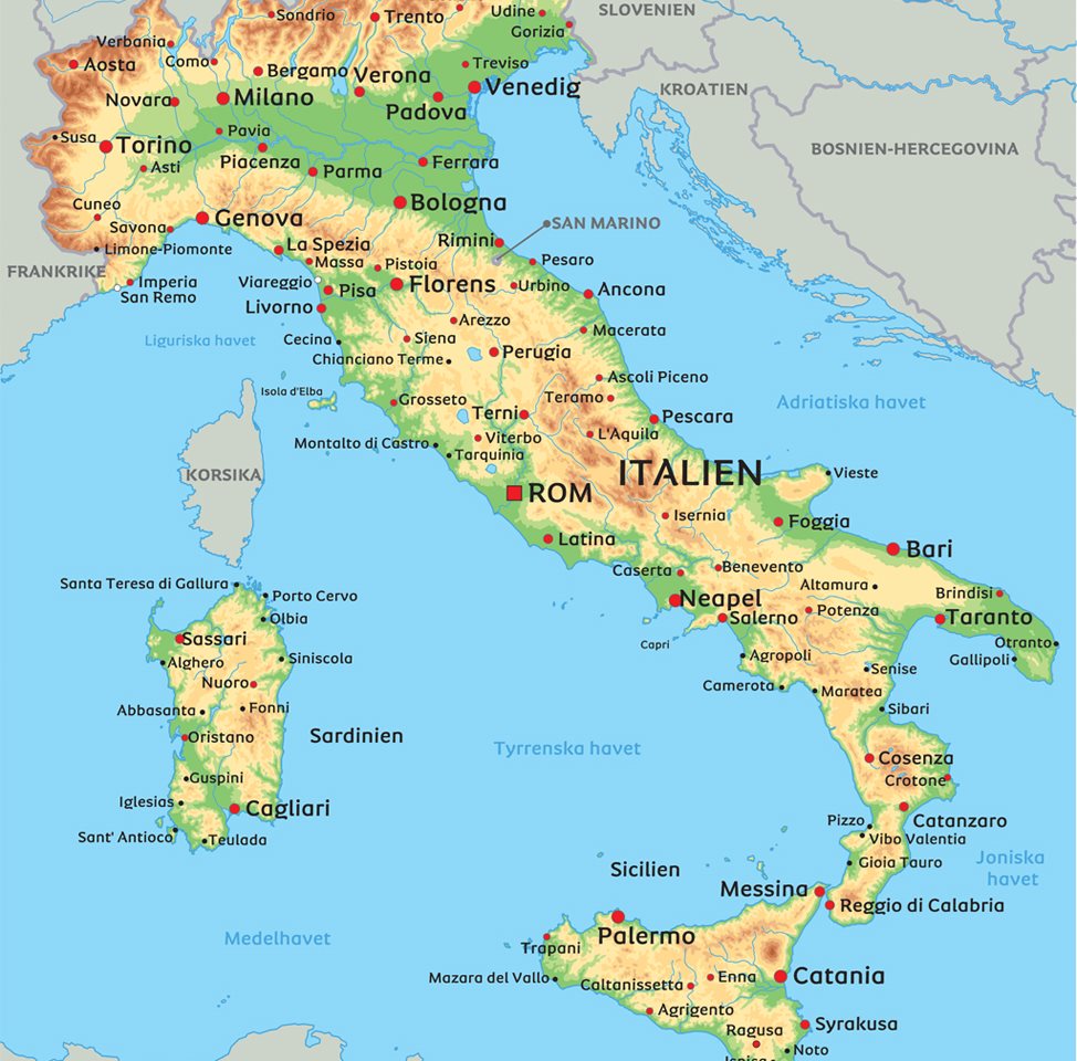 Italien karta: Se de största städerna i Italien, t. ex. Rom, Napoli och
