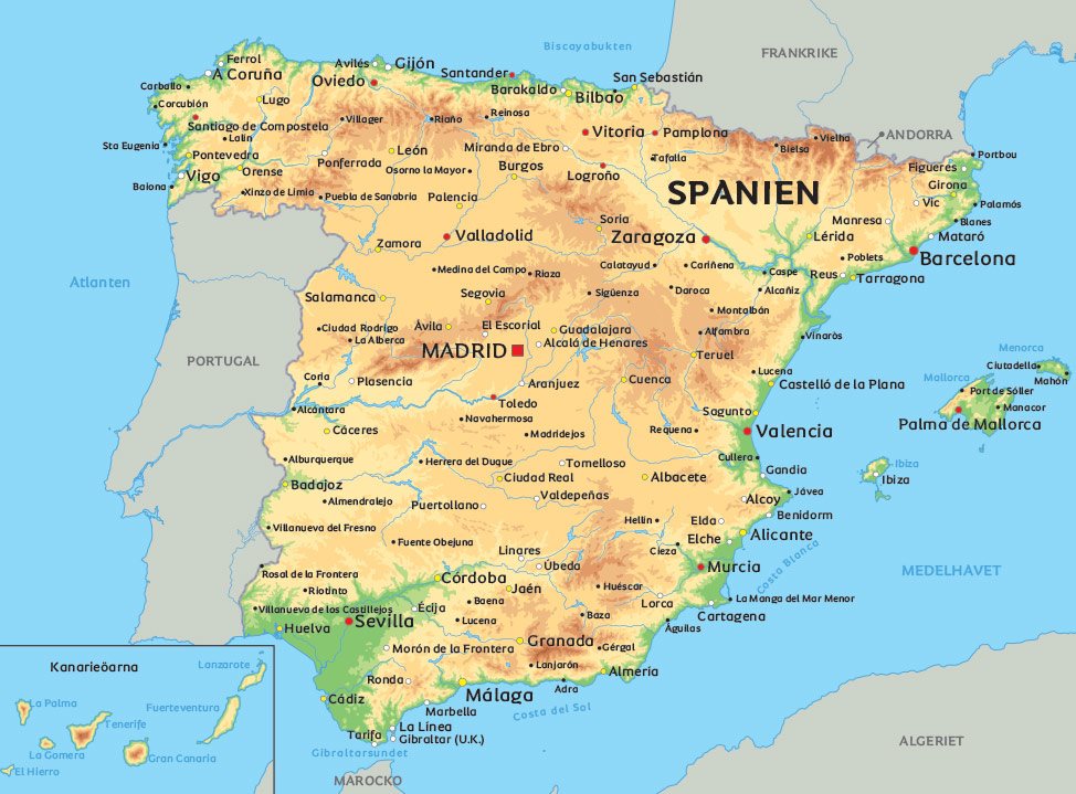 spanien karta på svenska Spanien Karta Se De Storsta Staderna I Spanien Bland Annat Madrid Barcelona Och Granada spanien karta på svenska