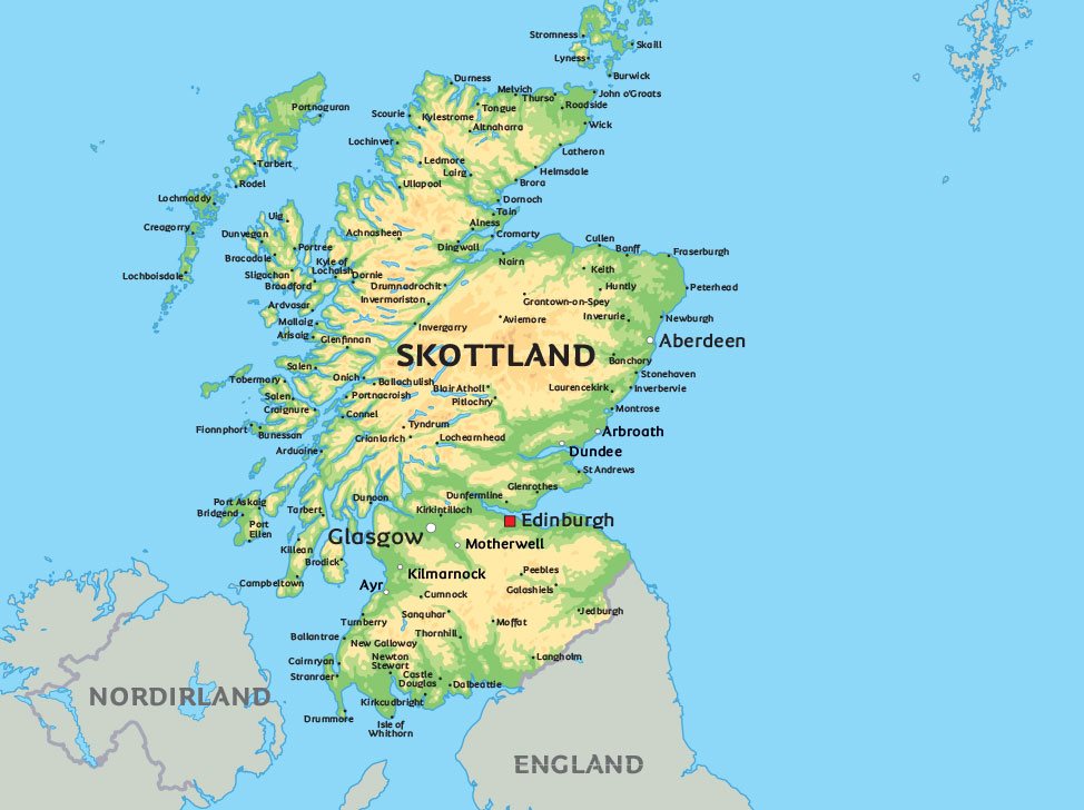 Karta över Skottland: Se t.ex. huvudstaden Edinburgh