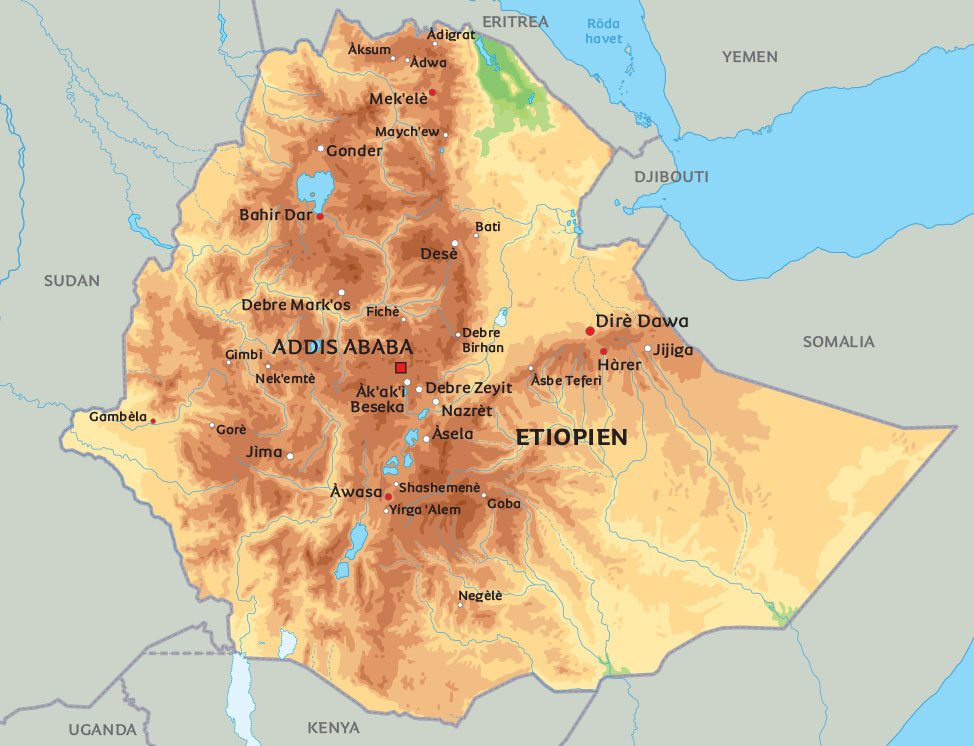 Karta Etiopien: Se till exempel placeringen av huvudstaden Addis Ababa