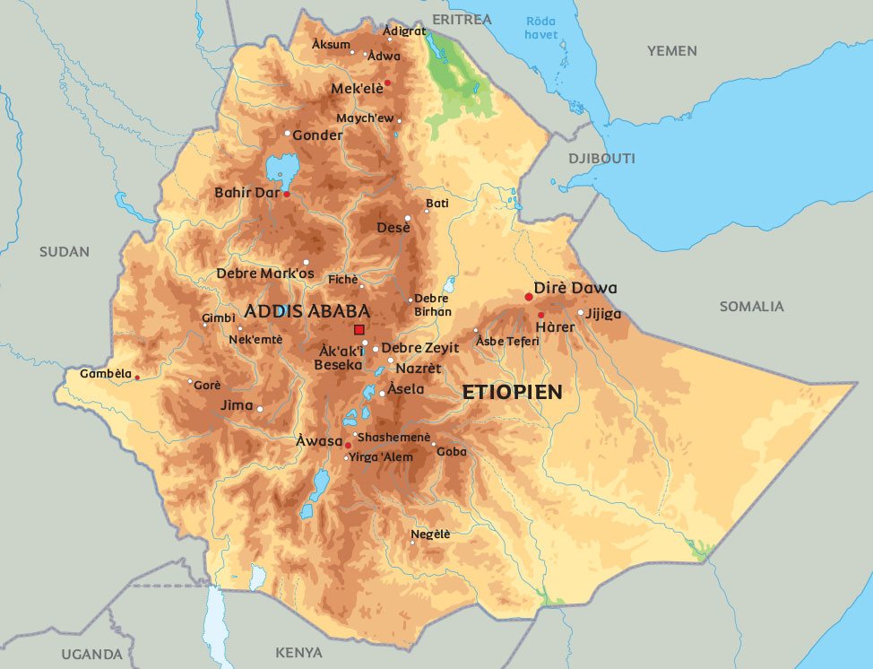 Karta Etiopien: Se till exempel placeringen av huvudstaden