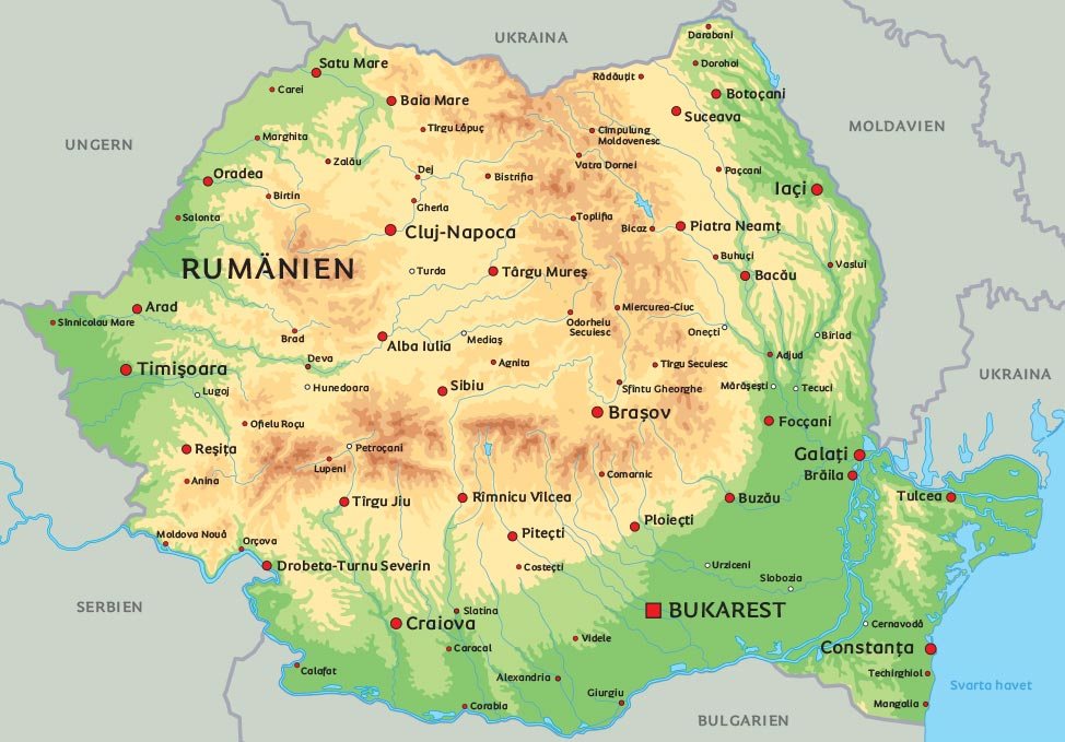 Karta över Rumänien: se bland annat placeringen av Bukarest og Sibiu