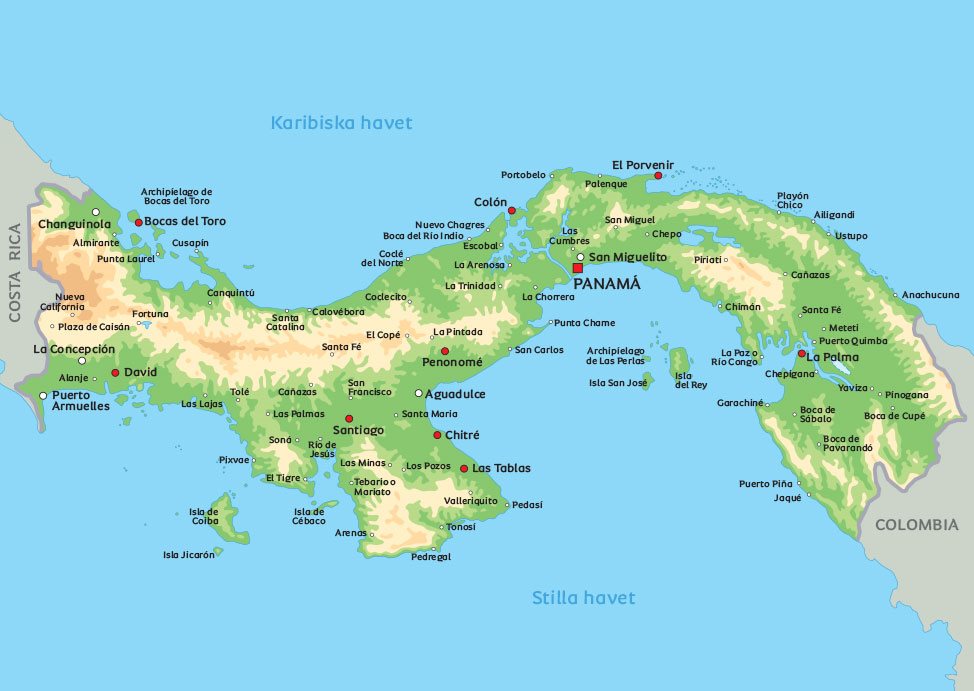 Karta över Panama: se till exempel Panama City och Bocas del Toro