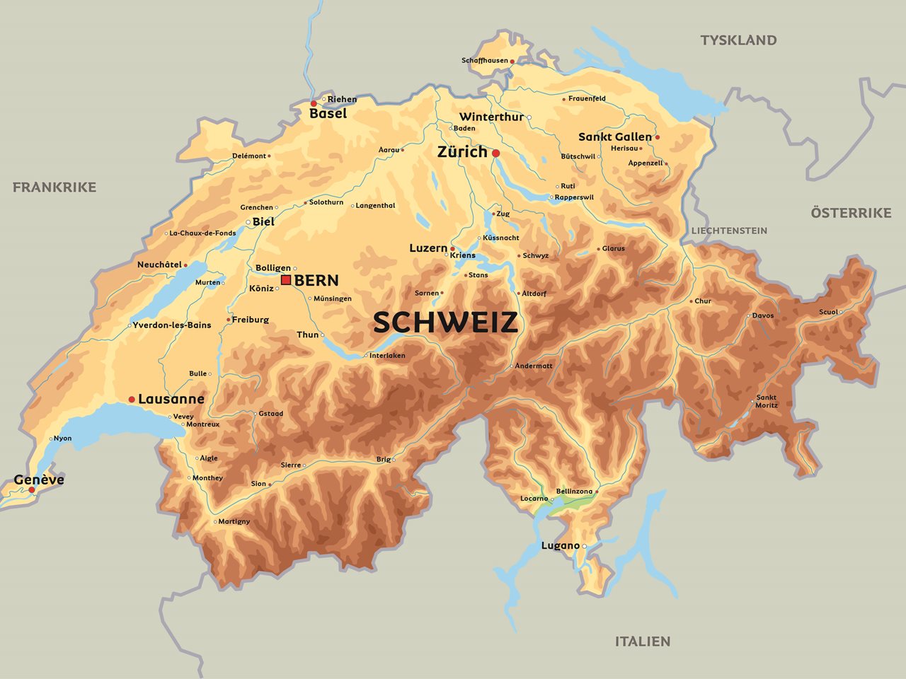 Karta Schweiz: se bl.a. Bern, Basel och Zürich