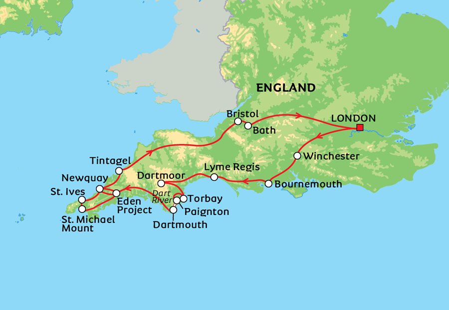 sydvästra england karta Södra England med Devon och Cornwall