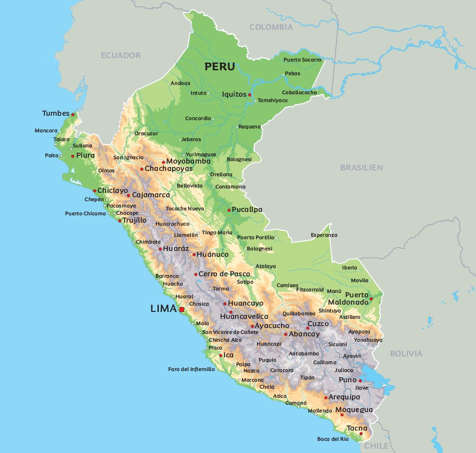 Karta Peru: Se de största städerna i Peru, exempelvis Lima, Arequipa, Cuzco