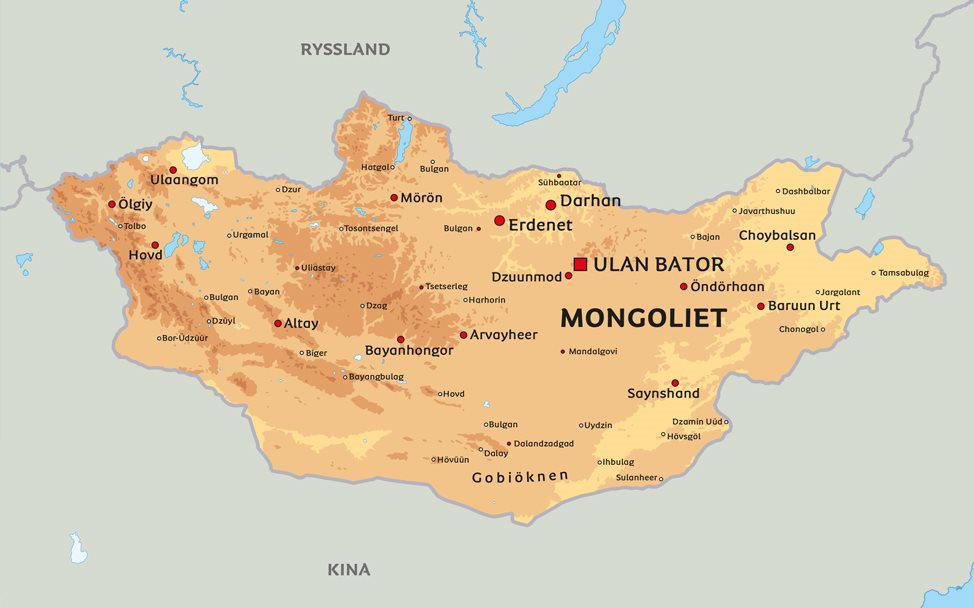 Karta Mongoliet: se till exempel Gobiöknen och huvudstaden Ulan Bator