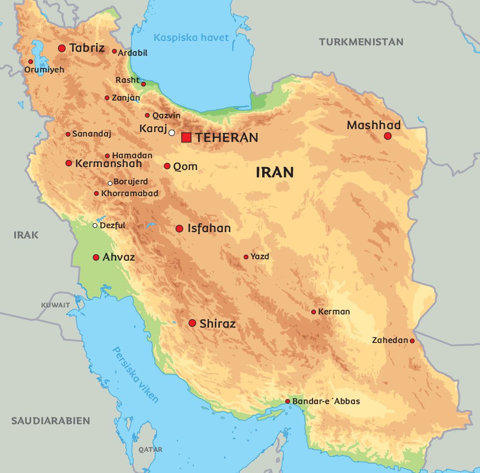 Karta Iran: se till exempel Teheran och Shiraz