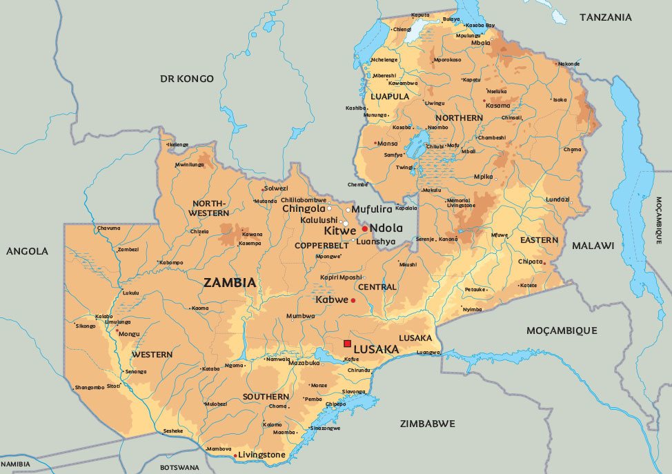 Karta över Zambia: se de största städerna i Zambia. Bland annat Lusaka