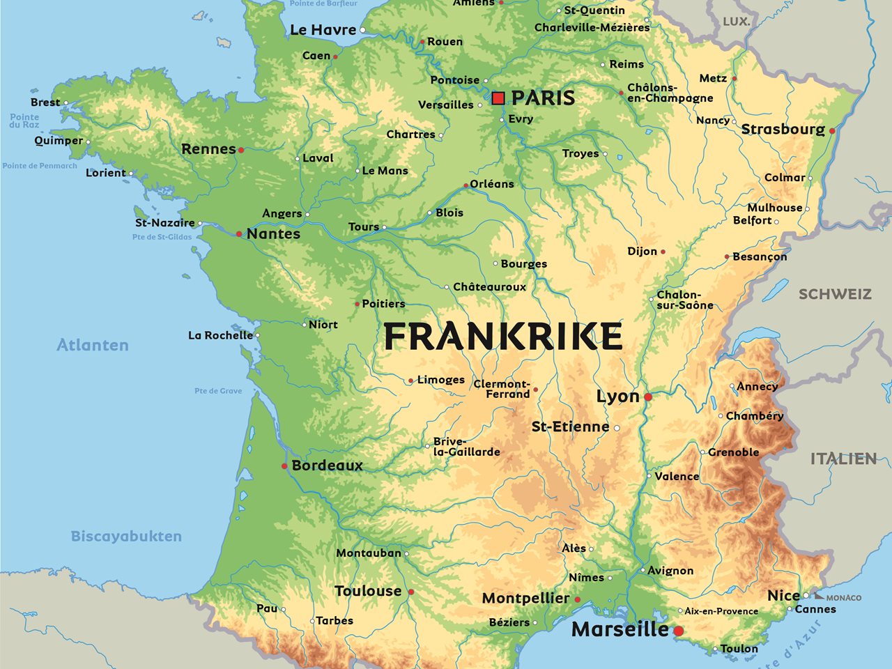 Karta Frankrike: se till exempel Paris, Nice och Strasbourg