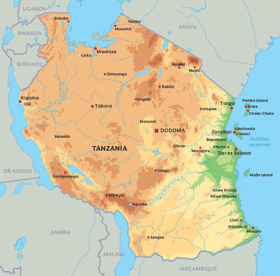 karta tanzania Karta över Tanzania: se de största städerna i Tanzania, exempelvis 