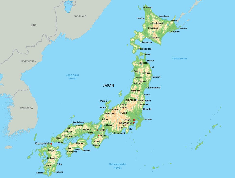 Japan karta: se städerna Tokyo, Kyoto och Asahikawa på kartan