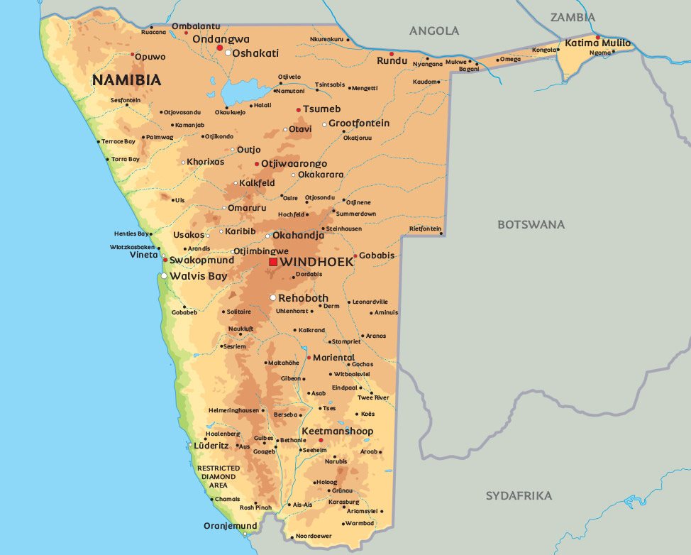 namibia karta Namibia karta: Se en karta över Namibia, bland annat huvudstaden 